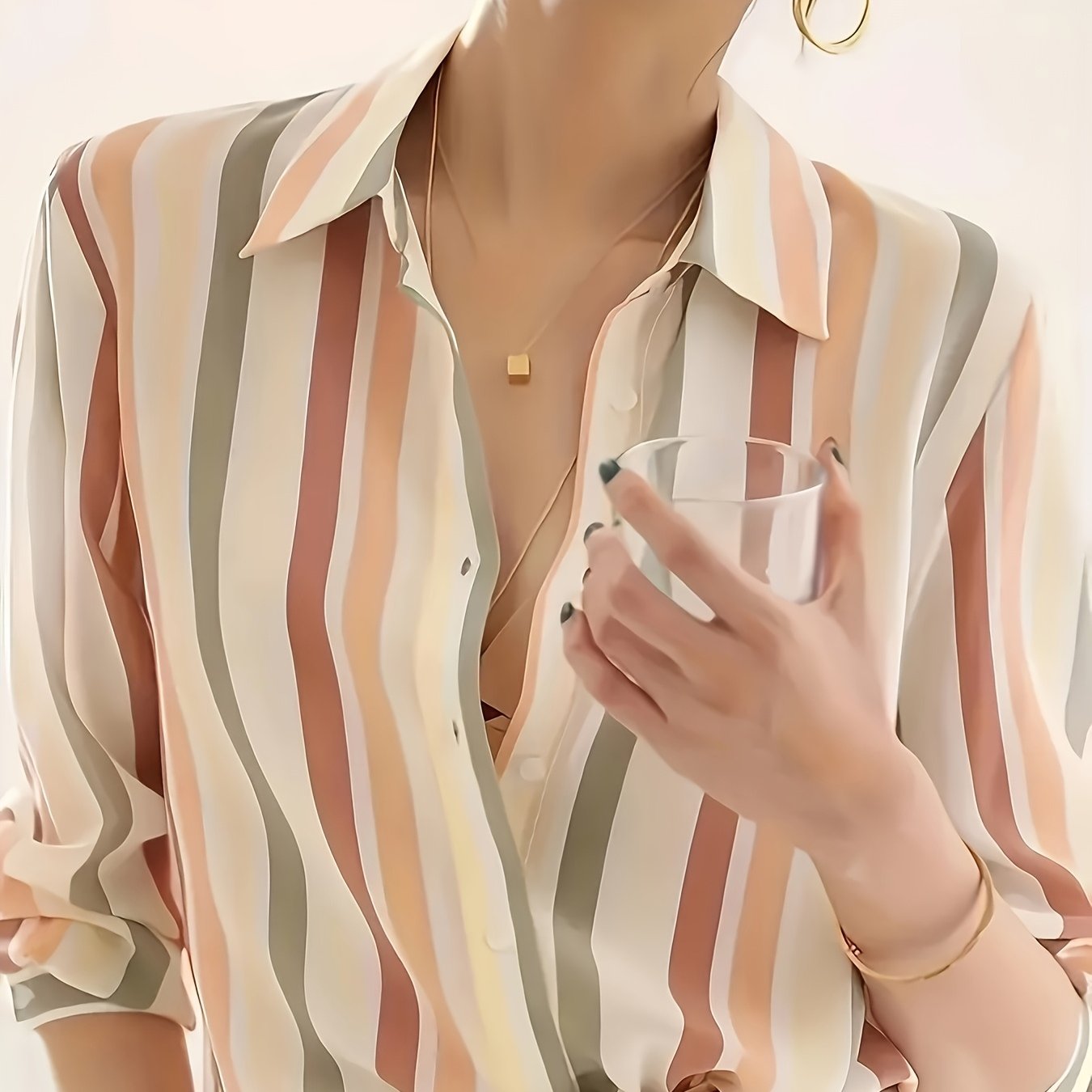 Effortless Striped Blouse for Women with Collar Long Sleeve Button Front Relaxed Style