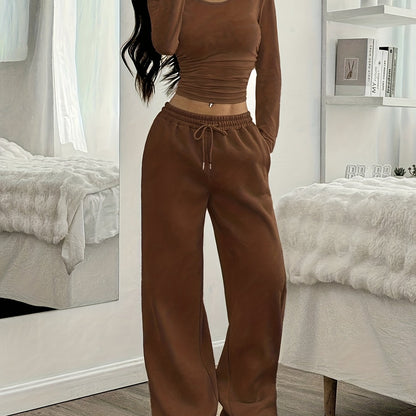 Effortless Wide Leg Set for Women with Round Neck Long Sleeve Ruched Drawstring Two Piece Style