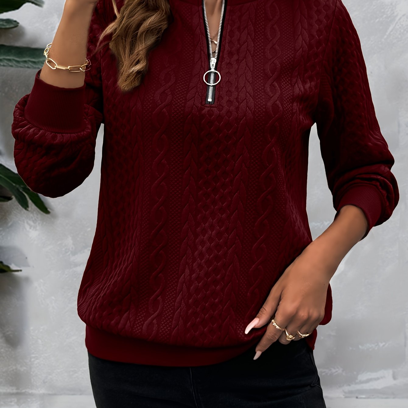 Comfortable Cable Knit Sweater for Women with Quarter Zip Mock Neck Long Sleeve Relaxed Casual Style