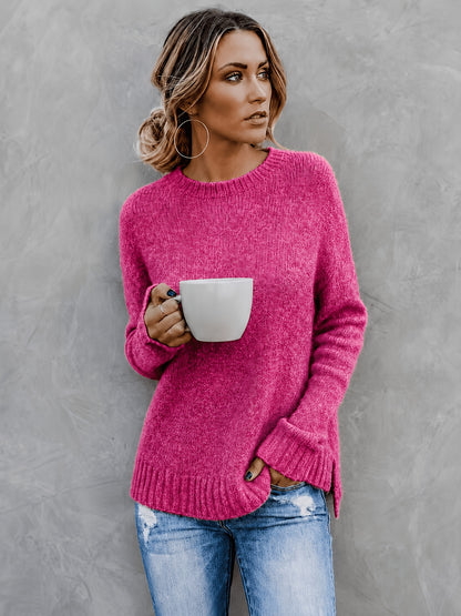 Comfortable Knit Sweater for Women with Crew Neck Bell Sleeve Side Slit Oversized Style