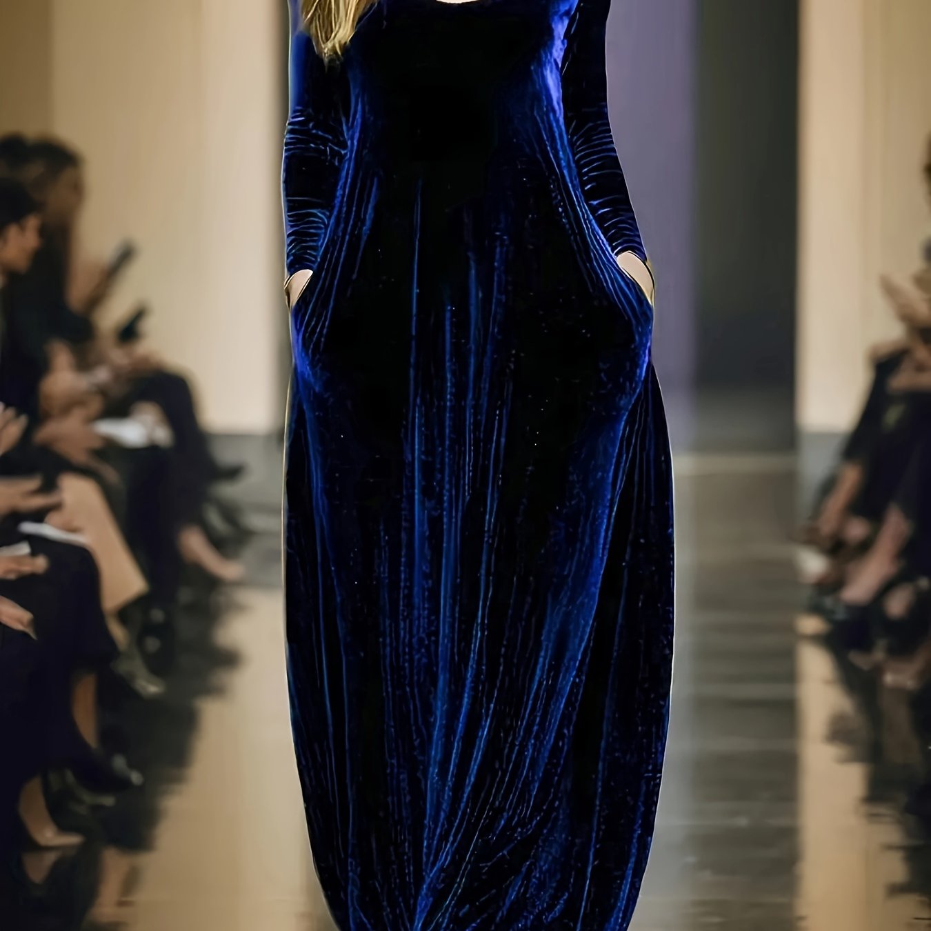 Elegant Velvet Maxi Dress for Women with Scoop Neck Long Sleeve Flowing Caftan Style