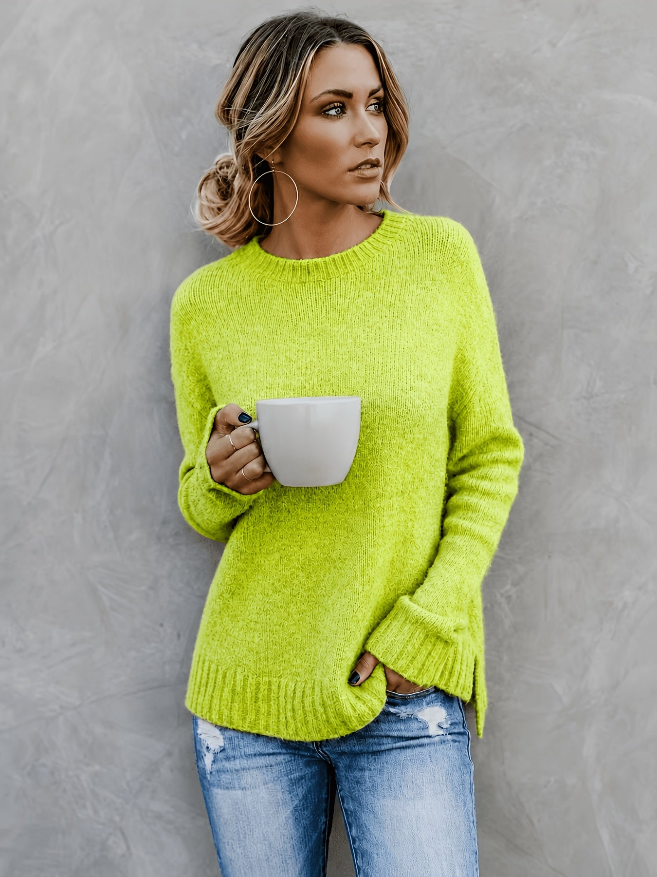 Comfortable Knit Sweater for Women with Crew Neck Bell Sleeve Side Slit Oversized Style