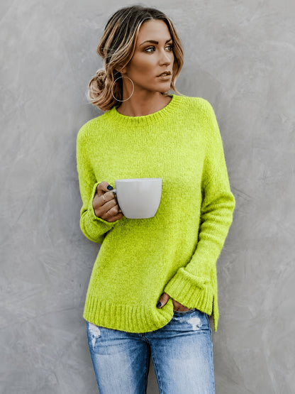 Comfortable Knit Sweater for Women with Crew Neck Bell Sleeve Side Slit Oversized Style
