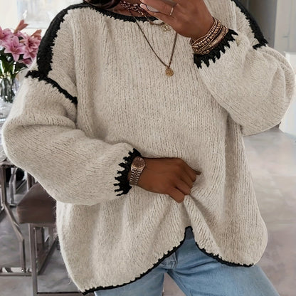 Comfortable Contrast Trim Sweater for Women with Crew Neck Long Sleeve Relaxed Oversized Knit Style