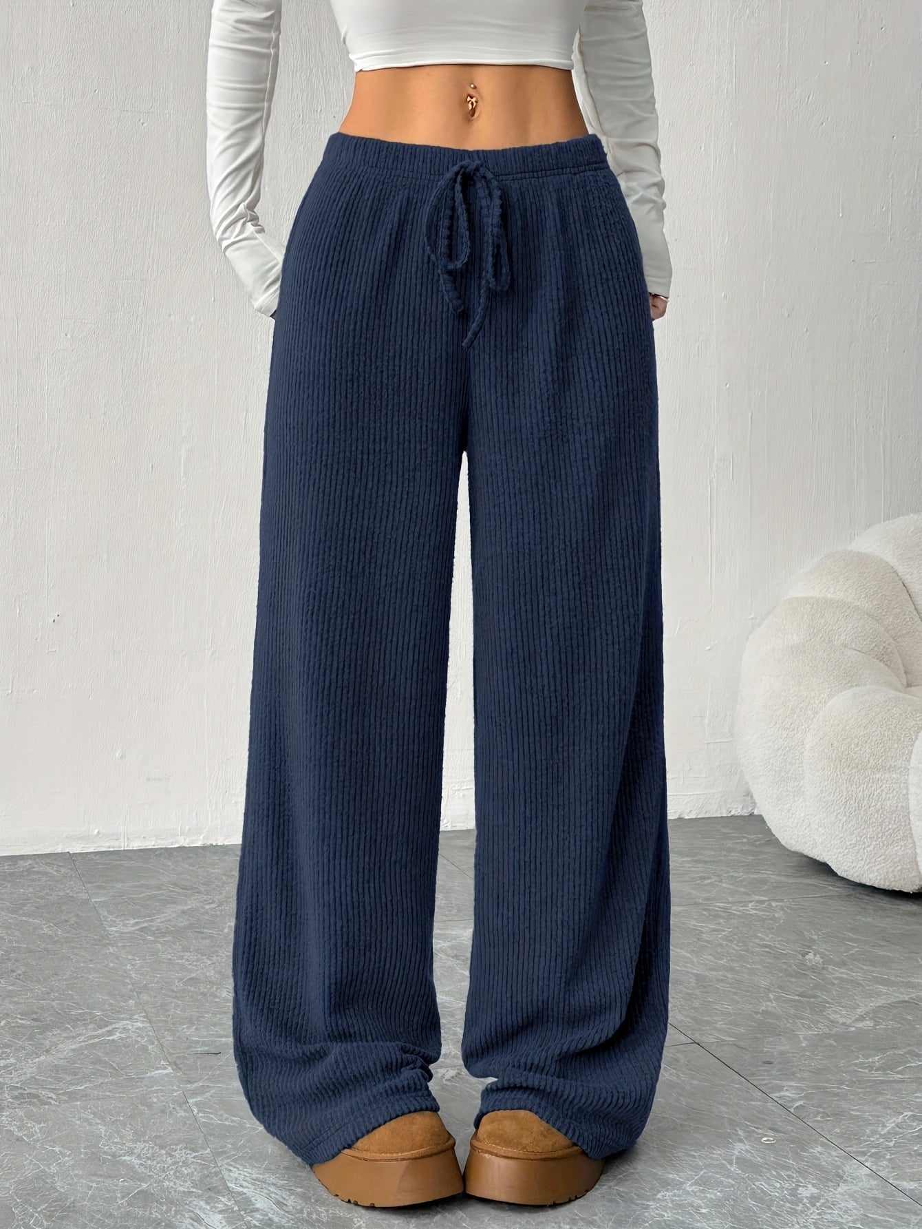 Effortless Ribbed Knit Wide Leg Pants for Women with High Waist Drawstring Relaxed Flowing Casual Style