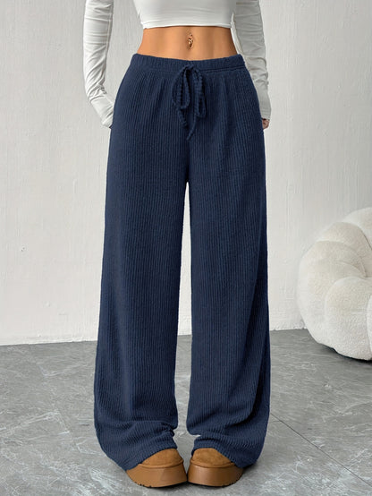 Effortless Ribbed Knit Wide Leg Pants for Women with High Waist Drawstring Relaxed Flowing Casual Style
