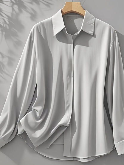 Elegant Satin Blouse for Women with V Neck Long Sleeve Button Front Relaxed Silky Style