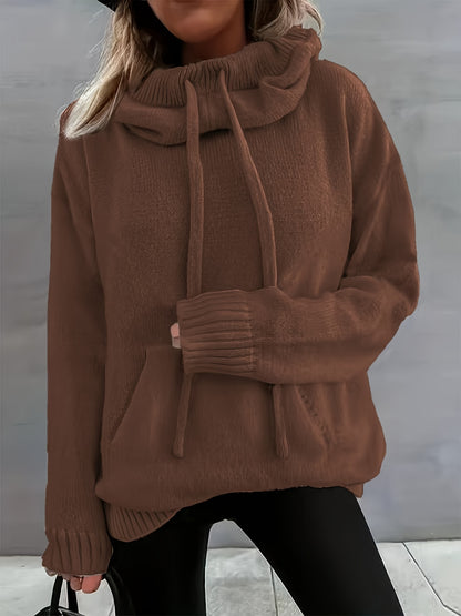 Comfortable Knit Sweater for Women with Cowl Neck Long Sleeve Drawstring Oversized Relaxed Style