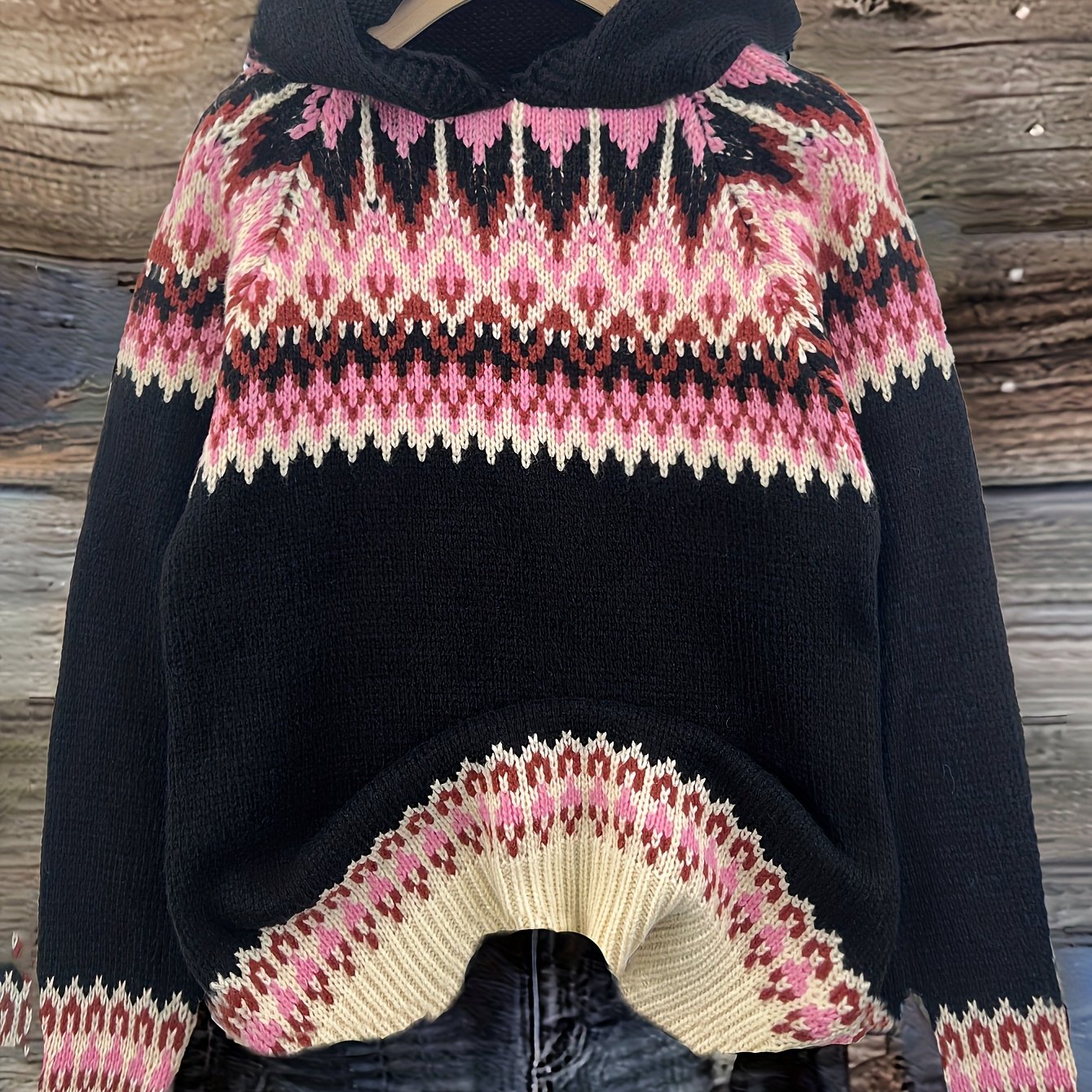 Comfortable Fair Isle Print Sweater for Women with Hooded Long Sleeve Relaxed Oversized Knit Style