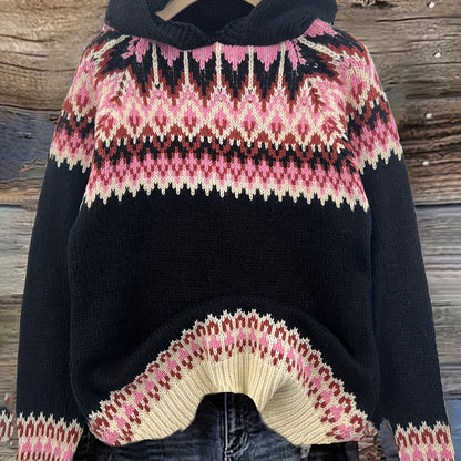 Comfortable Fair Isle Print Sweater for Women with Hooded Long Sleeve Relaxed Oversized Knit Style