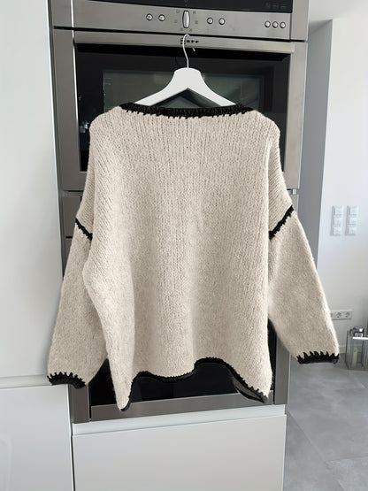 Comfortable Contrast Trim Sweater for Women with Crew Neck Long Sleeve Relaxed Oversized Knit Style