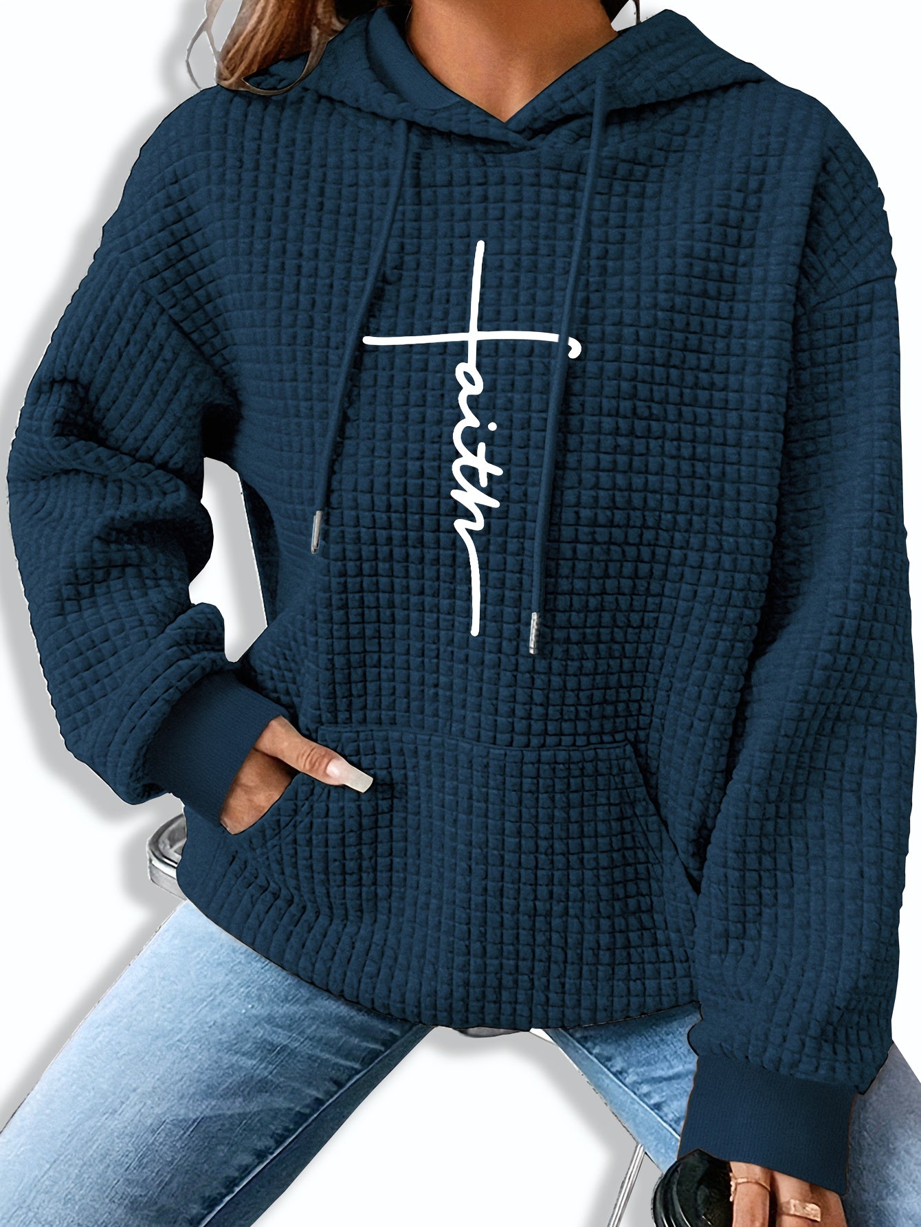 Comfortable Waffle Knit Graphic Hoodie for Women with Drawstring Long Sleeve Kangaroo Pocket Oversized Style