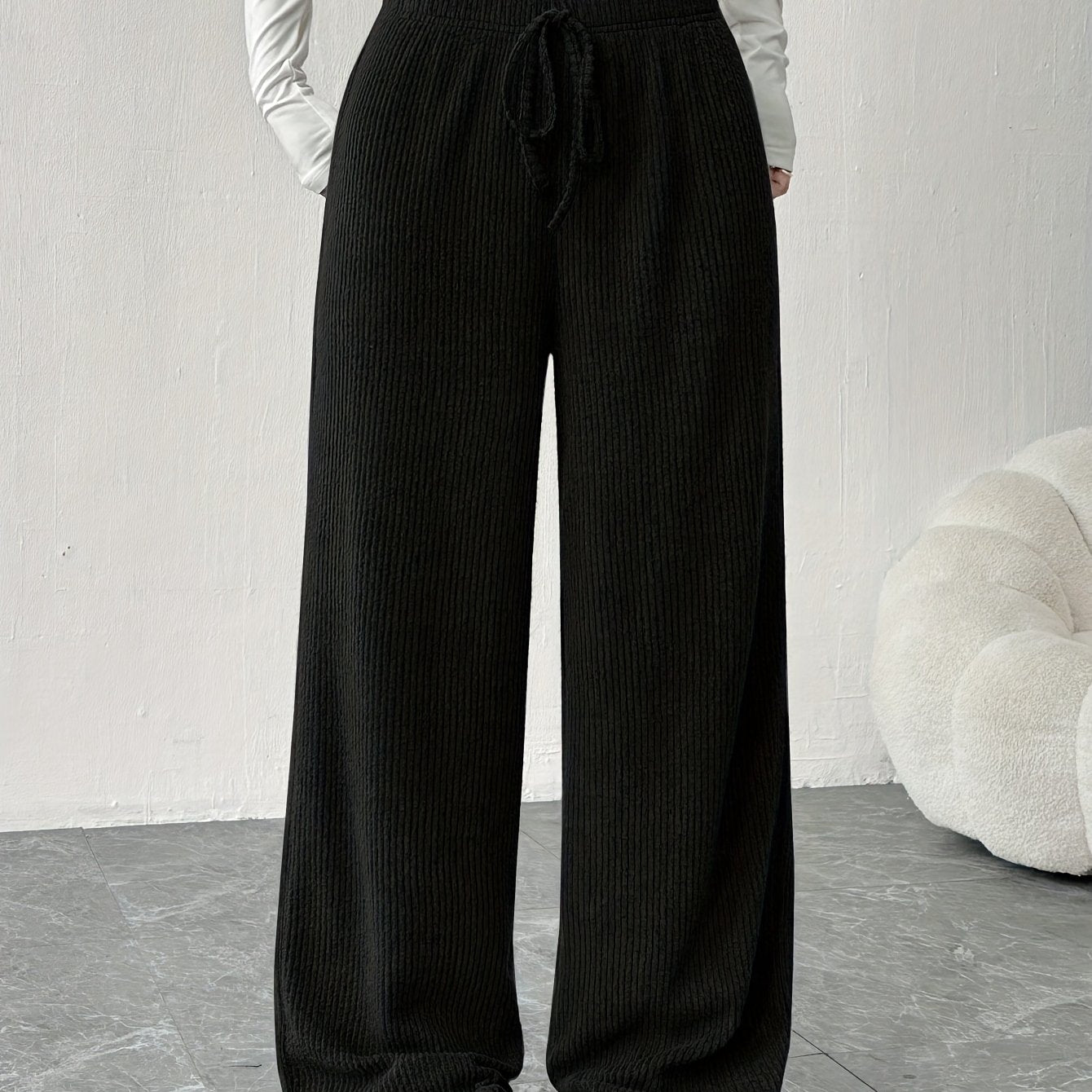Effortless Ribbed Knit Wide Leg Pants for Women with High Waist Drawstring Relaxed Flowing Casual Style