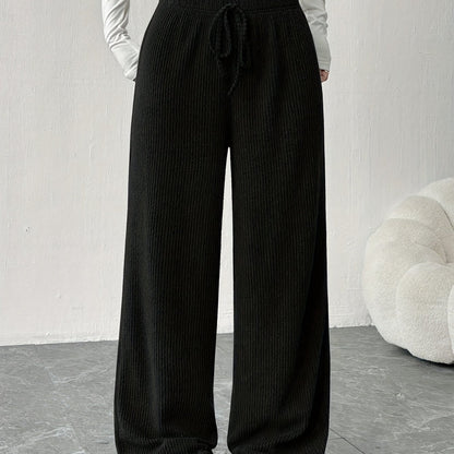 Effortless Ribbed Knit Wide Leg Pants for Women with High Waist Drawstring Relaxed Flowing Casual Style
