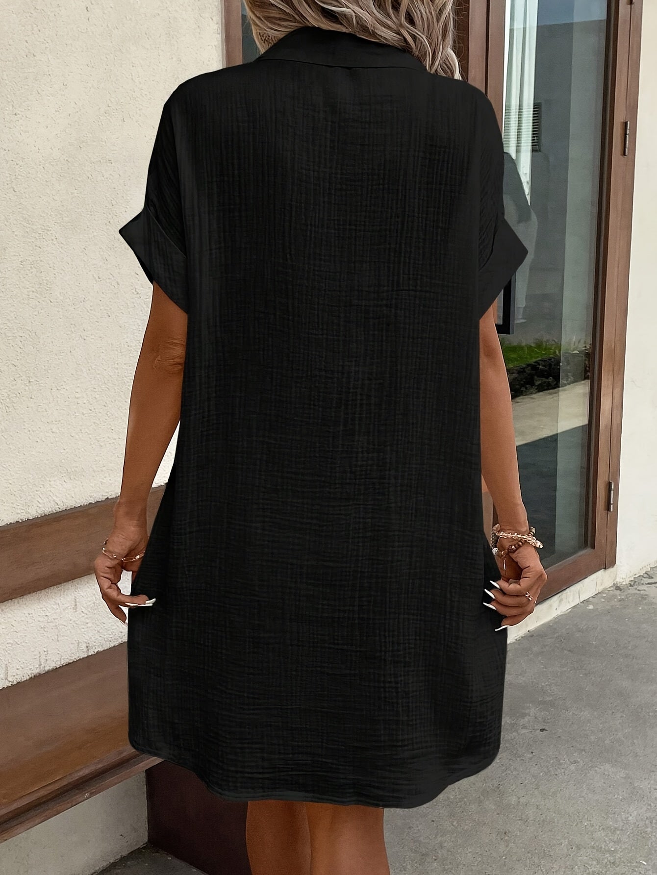 Effortless Textured Cotton Shirt Dress for Women with Collar Short Sleeve Button Front Relaxed Casual Style