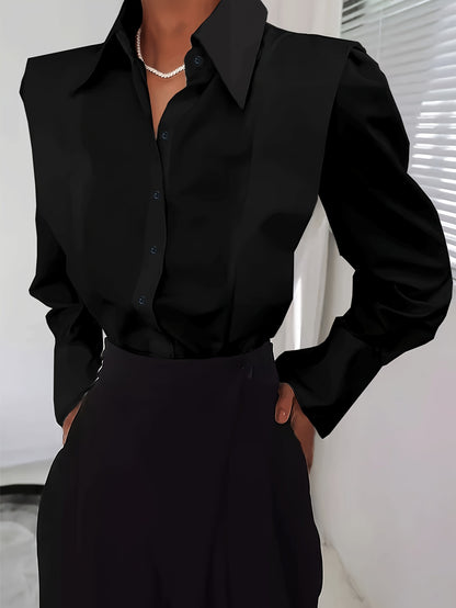 Elegant Power Shoulder Blouse for Women with Point Collar Long Sleeve Button Front Tailored Style