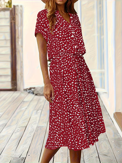 Elegant Multicolor Polka Dot Midi Dress for Women with Collar Short Sleeve Button Front Tie Waist Style