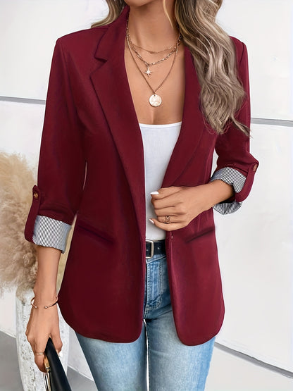 Elegant Blazer Jacket for Women with Notch Lapel Roll Tab Sleeve Striped Cuff Relaxed Style