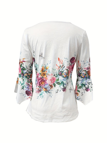 Effortless White Floral Blouse for Women with V Neck Bell Sleeve Button Front Pleated Casual Style