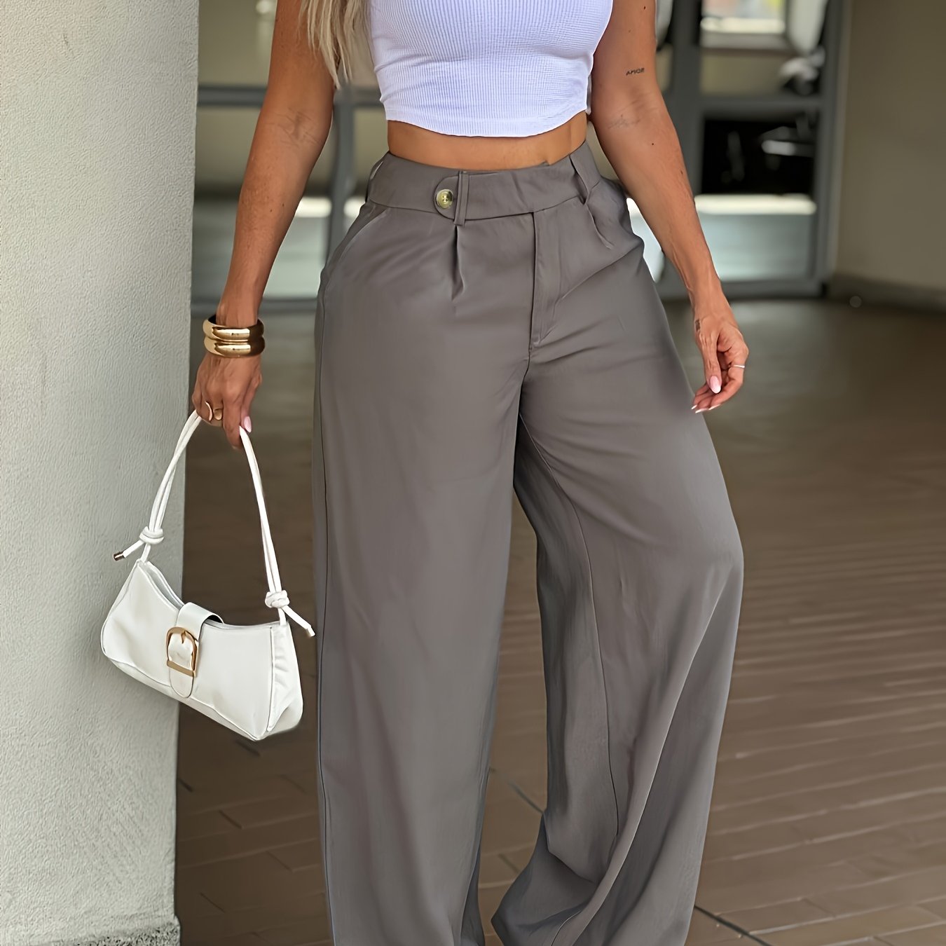 Effortless Wide Leg Trousers for Women with High Waist Pleated Front Button Tab Relaxed Style