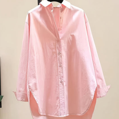 Effortless Oversized Blouse for Women with Point Collar Long Sleeve High Low Curved Hem Relaxed Style
