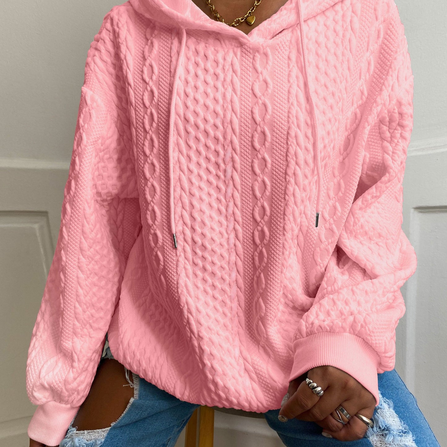 Comfortable Cable Knit Hoodie for Women with Drawstring Hood Long Sleeve Relaxed Oversized Style