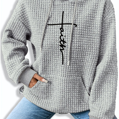 Comfortable Waffle Knit Graphic Hoodie for Women with Drawstring Long Sleeve Kangaroo Pocket Oversized Style