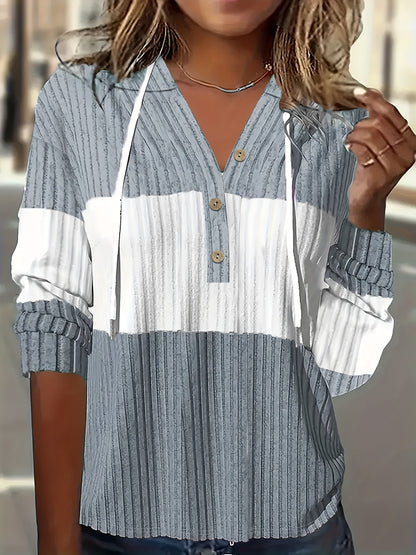 Comfortable Green Ribbed Knit Hoodie for Women with V Neck Long Sleeve Button Placket Relaxed Style