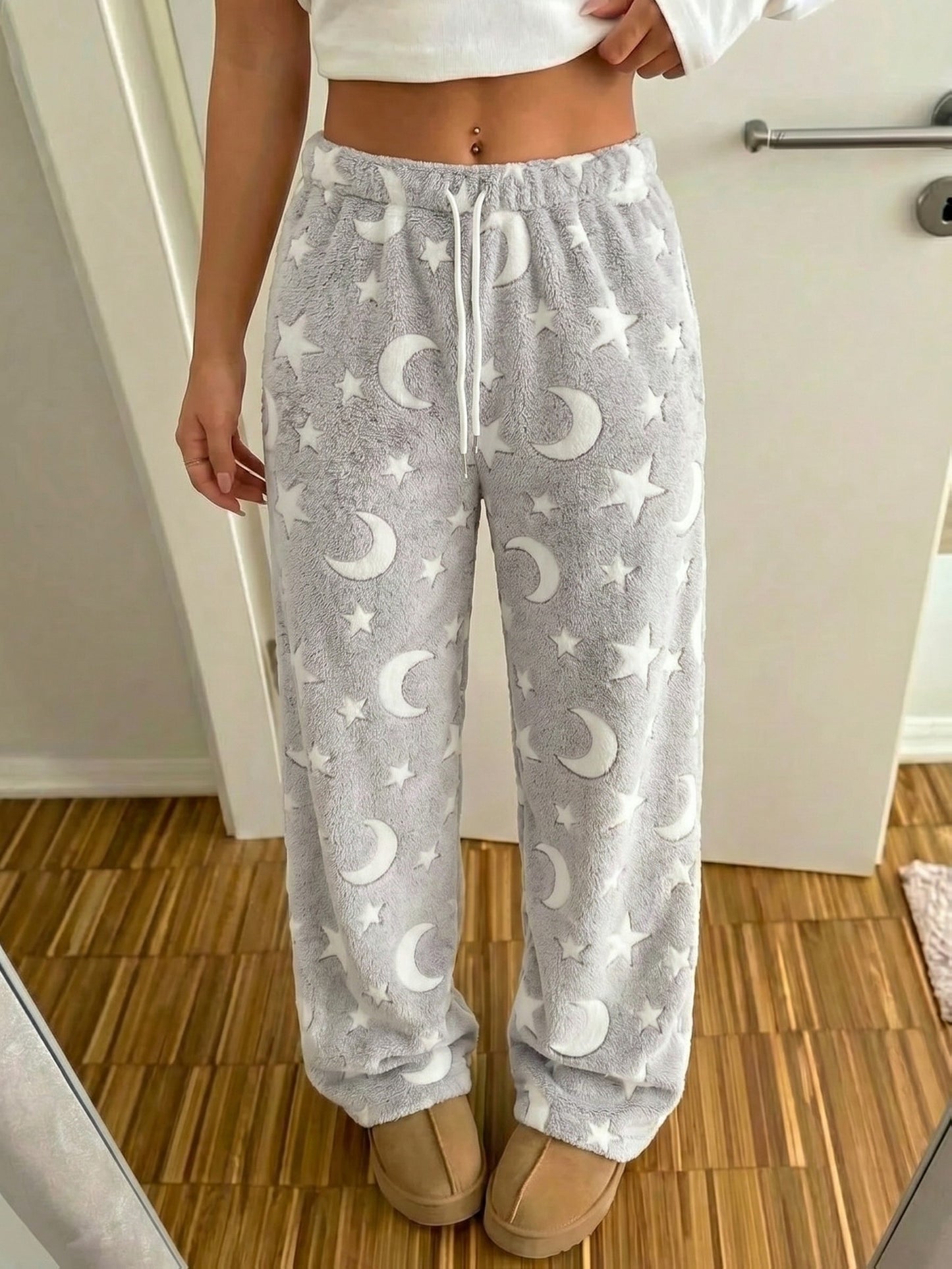Comfortable Star Print Fleece Pajama Pants for Women with High Waist Drawstring Wide Leg Relaxed Style