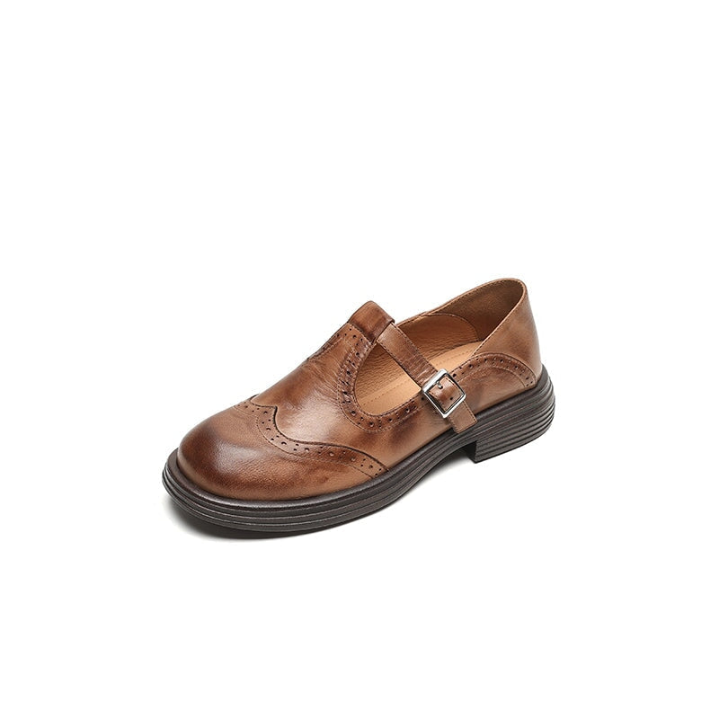 Elegant Leather Mary Jane Shoes for Women with T Strap Buckle Wingtip Brogue Platform Style