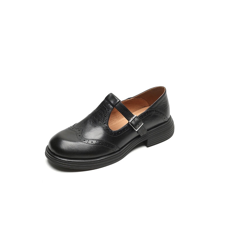 Elegant Leather Mary Jane Shoes for Women with T Strap Buckle Wingtip Brogue Platform Style