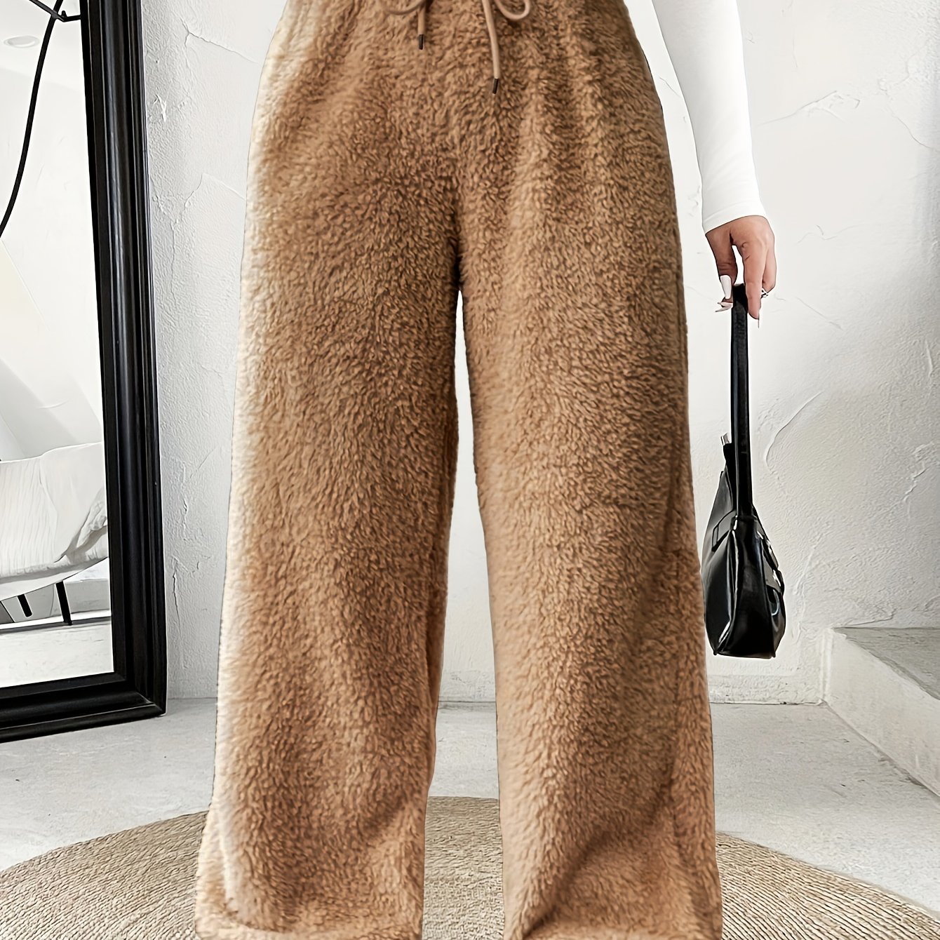 Effortless Fuzzy Fleece Wide Leg Pants for Women with High Waist Drawstring Relaxed Cozy Style