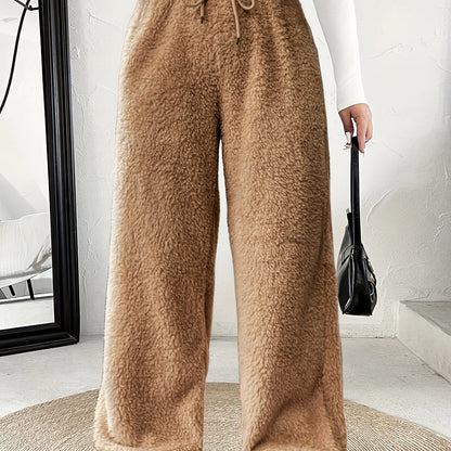Effortless Fuzzy Fleece Wide Leg Pants for Women with High Waist Drawstring Relaxed Cozy Style