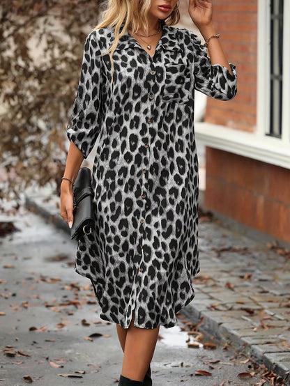 Elegant Leopard Print Shirt Dress for Women with Collar Elbow Sleeve Button Front Side Slit Casual Style