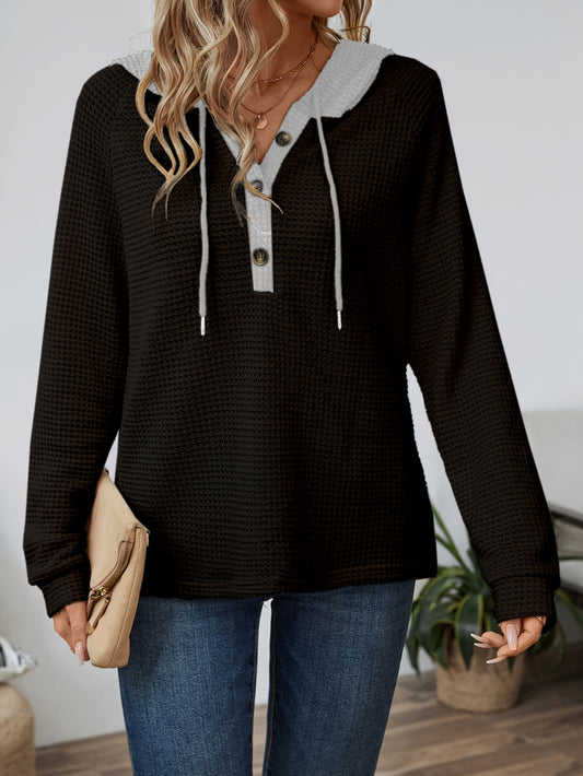 Effortless Waffle Knit Hoodie for Women with Drawstring Hood Long Sleeve Button Placket Relaxed Style