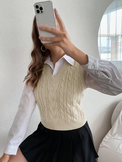 Comfortable Cable Knit Sweater Vest for Women with V Neck Sleeveless Ribbed Hem Relaxed Style