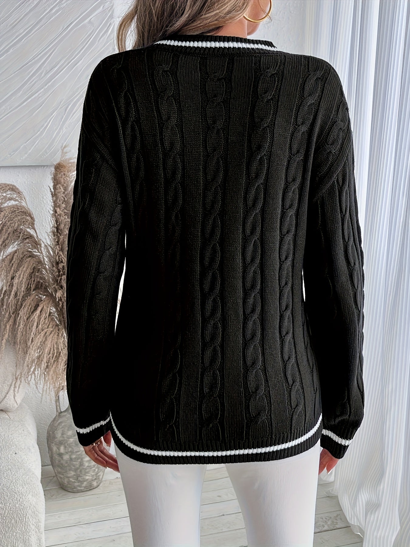 Comfortable Cable Knit Sweater for Women with V Neck Long Sleeve Striped Trim Relaxed Oversized Style
