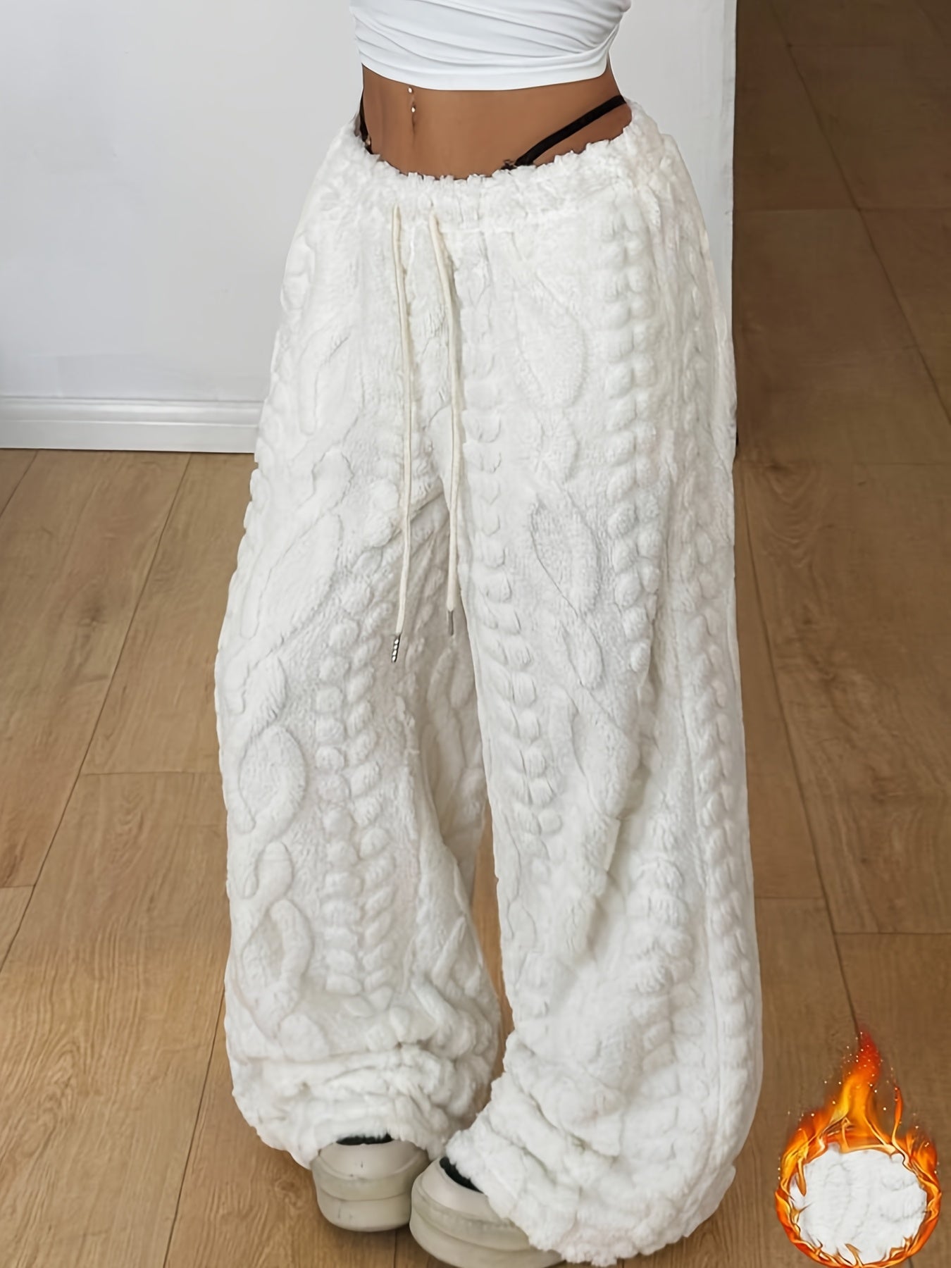 Comfortable White Cable Knit Fleece Pants for Women with High Waist Drawstring Wide Leg Relaxed Style