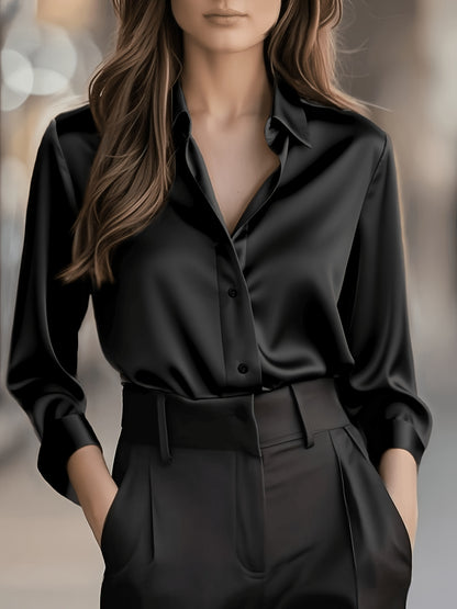 Elegant Satin Blouse for Women with Collar Long Sleeve Button Front Relaxed Silky Style