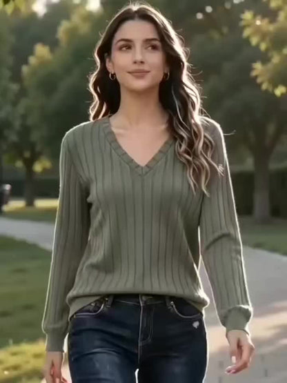 Comfortable Ribbed Knit Sweater for Women with V Neck Long Sleeve Relaxed Oversized Casual Style