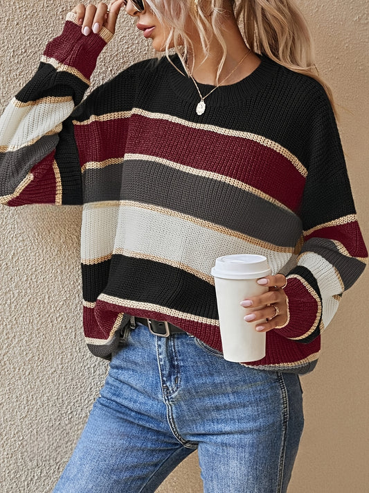 Comfortable Striped Color Block Sweater for Women with Crew Neck Long Sleeve Relaxed Oversized Knit Style