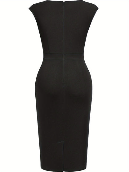 Elegant Sheath Midi Dress for Women with Sweetheart Neck Cap Sleeve Ruched Bodycon Style