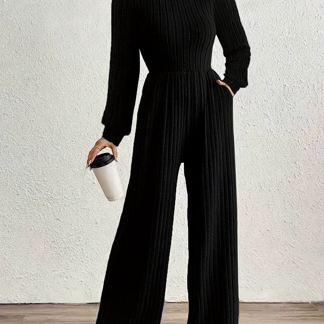 Elegant Ribbed Knit Jumpsuit for Women with Mock Neck Long Sleeve Wide Leg Casual Style
