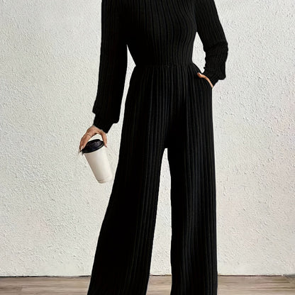 Elegant Ribbed Knit Jumpsuit for Women with Mock Neck Long Sleeve Wide Leg Casual Style