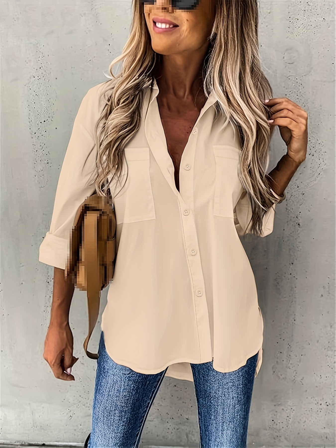 Effortless Button Front Blouse for Women with Collar V Neck Long Sleeve Relaxed Style