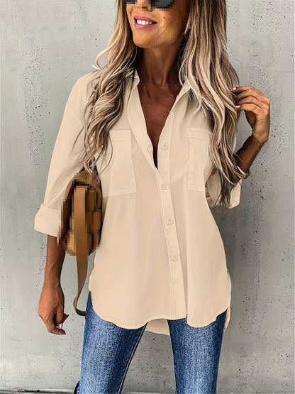 Effortless Button Front Blouse for Women with Collar V Neck Long Sleeve Relaxed Style