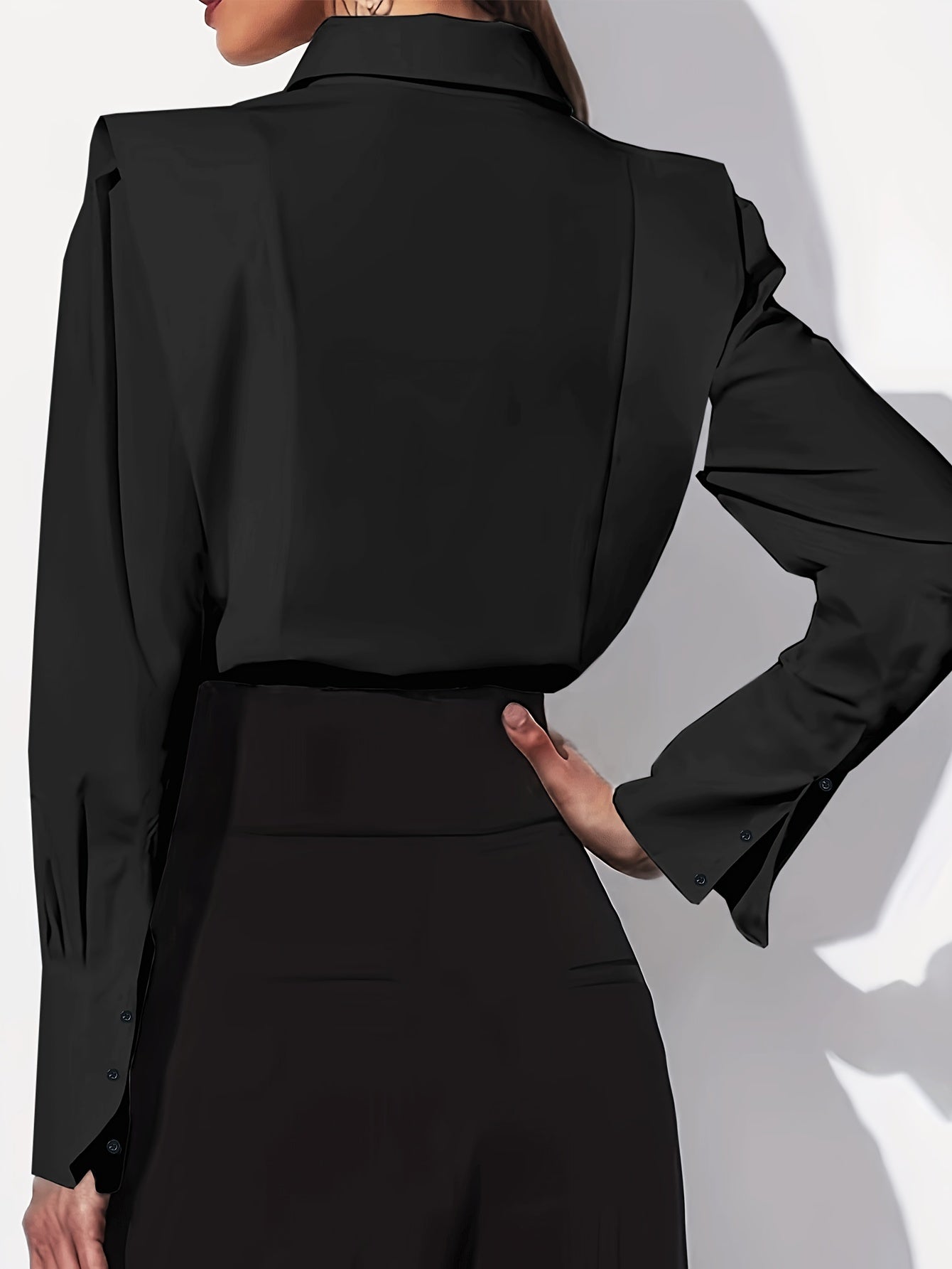 Elegant Power Shoulder Blouse for Women with Point Collar Long Sleeve Button Front Tailored Style