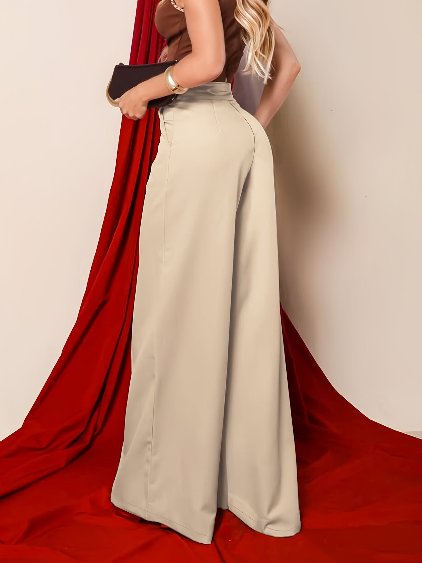 Elegant Khaki Wide Leg Pants for Women with High Waist Notched Button Tailored Flowing Style