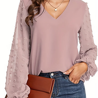 Elegant Swiss Dot Blouse for Women with V Neck Balloon Sleeve Relaxed Silky Style
