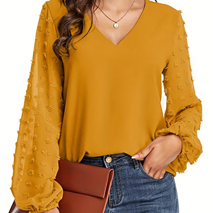 Elegant Swiss Dot Blouse for Women with V Neck Balloon Sleeve Relaxed Silky Style